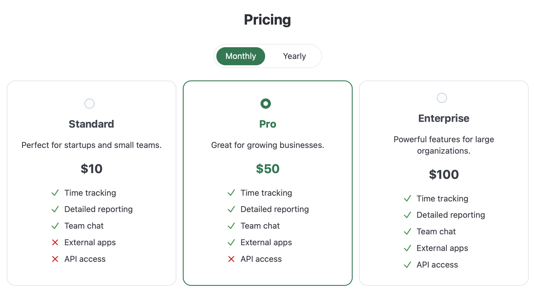Standard pricing page